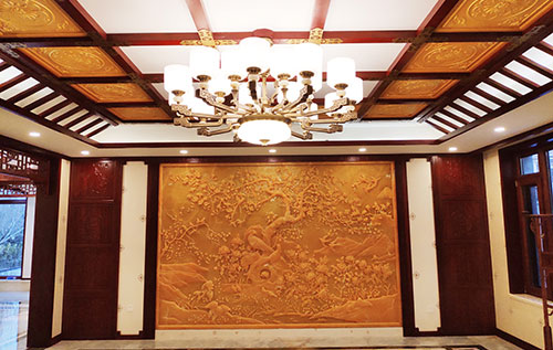 延安中式别墅客厅中式木作横梁吊顶装饰展示